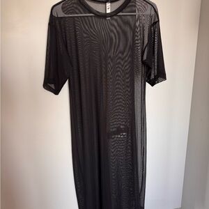 Black Mesh Sheer Lightweight Midi Shift Dress Crew Neck Short Sleeve Women